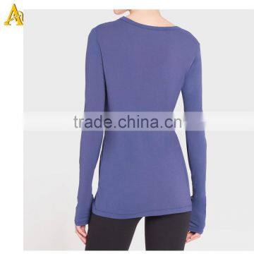 100% Cotton Long Sleeves t Shirt Women Curved-hem Pocket t Shirts Wholesale photo-2