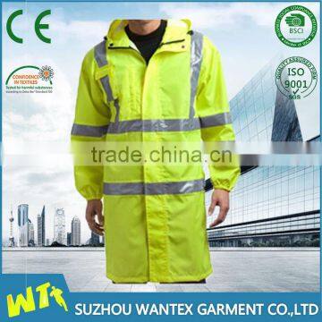 wholesale high visibility fluorescent reflective safety PU raincoat with 5cm width reflective strips