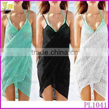 2015 Fashion Sexy Women Lace Cotton Wrap Dress Holiday Loose Bikini Cover Up Beach Dress