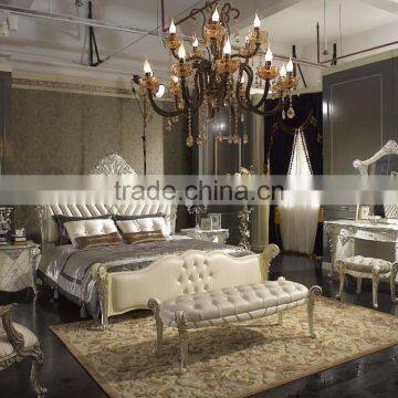 Modern Design White Genuine Leather Upholstered Bed, Precise Curved Carving Designed Bed