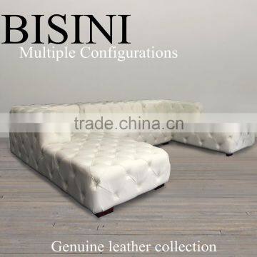 Retro Button Tufted White Genuine Leather Sofa/ U-Shaped Classic Chesterfield Couch Sofa/ American Hot-Sale Living Room Sofa