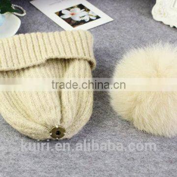 High Quality 15cm Fox Fur Real Sheep Wool Knit Beanie Hat With Fox Fur Ball