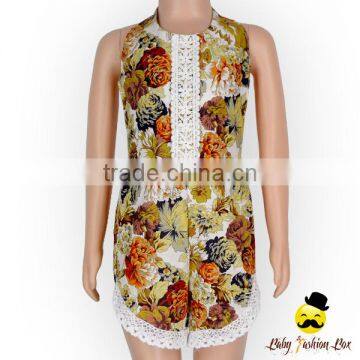 Wholesale Yiwu Cheap Kids Clothes Flower Printed Halter Sleeveless Lace Froal Baby Girl Vintage Romper Leotard Bodysuit photo-4