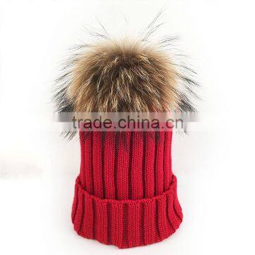 Myfur Wholesale Red Color Real Raccoon Fur Pompom Knit Hat Detachable Fur Pom Pom Crochet Hat