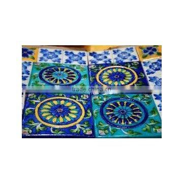 Handmade traditional INDIAN BLUE POTTERY DECORATIVE WALL 4" x 4" TILES Ethnic