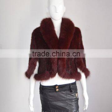 SJ468 Wine Color Mink Fur Poncho Stole with Fox Fur Collar