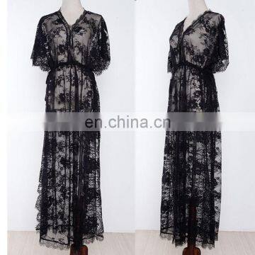 Maxi Long Sleeves Beach Lace See Through Cardigan Cover Up Dress photo-4