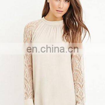 Ladies Hot Long Sleeve Fashion Jewel Open Back White Lace Shirts