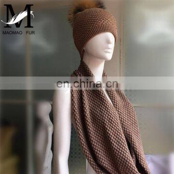 Wholesale Knitted Wool Cashmere Scarves Raccoon Fur Pom Hat Scarf Combination photo-6