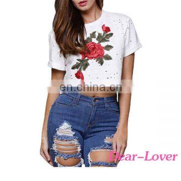 White Embroidered Flower Broken Hole ladies crop top custom print