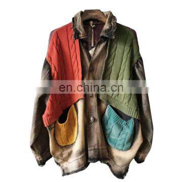 TWOTWINSTYLE Lapel Long Sleeve Patchwork Knitted Tassel Hit Color Casual Women Fashion Jacket