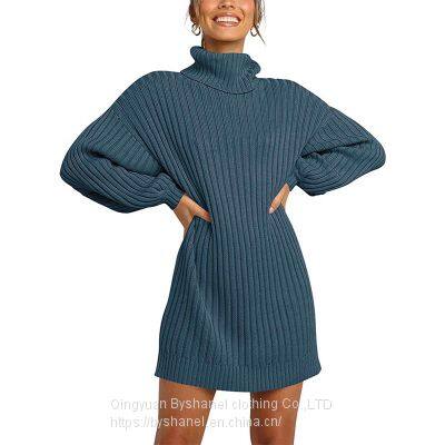 SW07 Women Turtleneck Long Lantern Sleeve Sweater Dress Winter Casual Loose Knit Oversized Pullover Dresses photo-3
