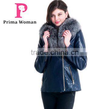 2015 New Design Women Leather Winter Jacket With Short Silver Fox Hat Overcoat photo-4