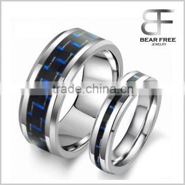 His 8MM and hers 5mm Tungsten Carbide Couples Rings Wedding Band with Black and Blue Carbon Fiber Inlay