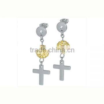 Crystal ball stainless steel cross hoop earrings long dangle women's fashion earrings factory price (LE2466)