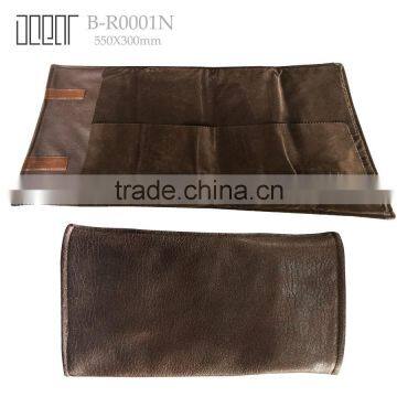 portable	brown pu leather jewelry storage roll bag