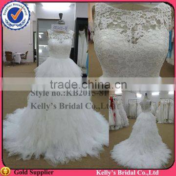 new arrival see-through lace boat neck ruffle wedding dress with long tail