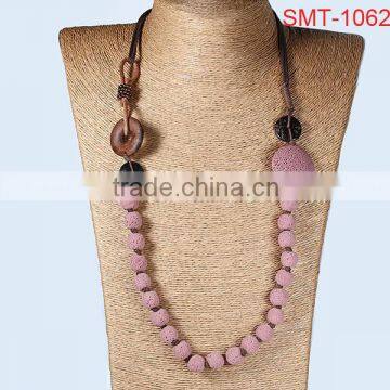 Girl's pink big round natural lava rock beads sweater necklace