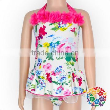 Hot Pink Floral Cotton Halter Backless Girls Swimwear Kids