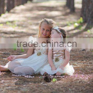 Ivory Gold Sequined Glitter Tulle Lace Fabric Baby Dress Pictures Girls Tutu Dress photo-3