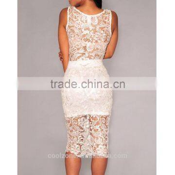 Ladys Sexy Floral Sheer Sleeveless Lace Crop Top and Midi Skirt Set Women Party Dress photo-3