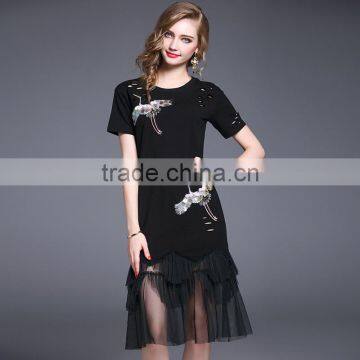 2017 new summer T-shirt short sleeved dress embroidered with sequins stitching hollow gauze