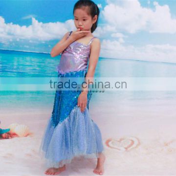 Ruffled sleeve turquoise mermaid applique cartoon dress for girls