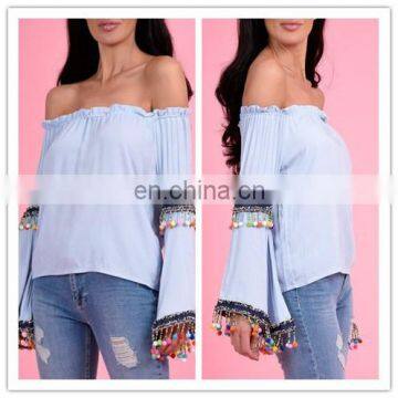 Women's Clothing Blue Off Shoulder Tops With Decorative Trims