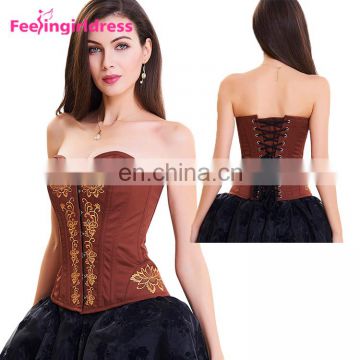 Breathable Brown 12 Plastic Boned Embroidered Corset Overbust