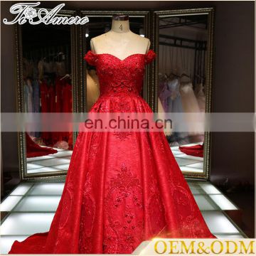 a line red beaded crystal Latest Designs Off Shoulder Ball Gown Rose Red Wedding Dress 2017