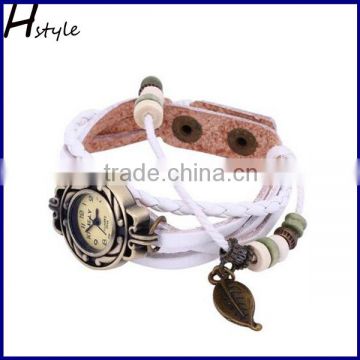 Retro Women Vintage Leaf Pattern Weave Wrap Quartz Leather Bracelet Wrist Watch WP005