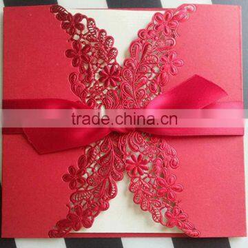 2016 Hot Sale Chinese Red Emboss Laser Cut Ribbon Wedding Invitation