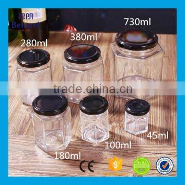 45ml 100ml 180ml 280ml 380ml 730ml clear glass hexagonal honey jar