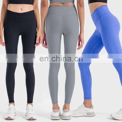 Ribbed Legging Custom Push Up Tights Running Workout Gym Fitness Pants Women High Elastic V-Shape Waist Butt Lift Yoga Leggings