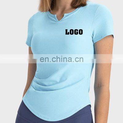 Hot Sale Custom Logo Ribbed Built In Bra Slim Fit Short Sleeve Breathable Quick Dry Gym Yoga Sports Wear T-Shirt For Women