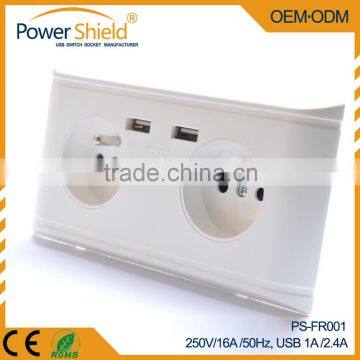 Type E Euro/ French Type Dual 2 x USB Schuko wall socket plate 230V 16A with CE approval