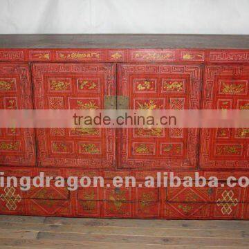 Chinese antique furniture red& golden painting three drawer four Foor cabinet