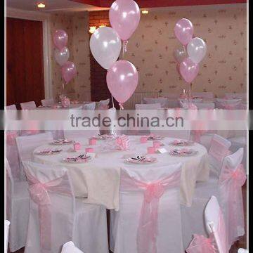 factory wholesale for romantic wedding banquet chair use polyester white chair cover with light pink organza sashes