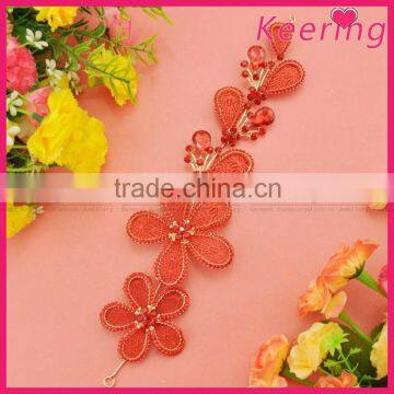 new arrival fashion crochet lace and bead element red hair accessory for bridal WHD-002