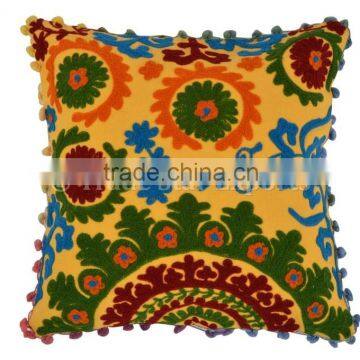 Suzani Embroidered Pillow Cover Decorative Indian Cushion Cover Boho Throw Pillow Case Pom Pom Outdoor Cushions