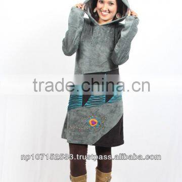 SHWDR200 cotton velour hoody dress with center razor cut Himal patch with peacock embroidery price 830rs $8.5