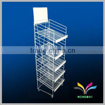 Sturdy welded functional black 4 tiers foldable flooring wire display shelving rack