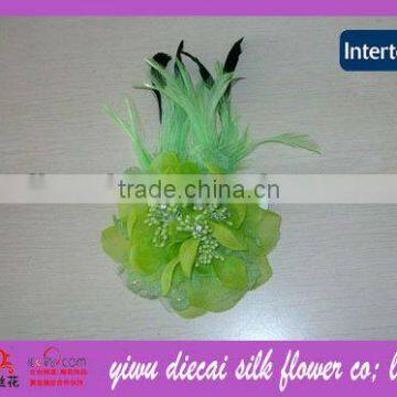 Garment artificial peony flower brooch/hair clip double use with feather decorated