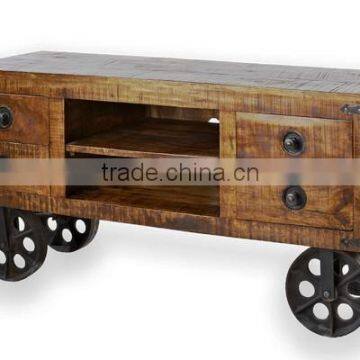 VINTAGE INDIA RUSTIC FOUR DRAWERS TWO SELVES INDUSTRIAL COFFEE TABLE ON WHEELS CART