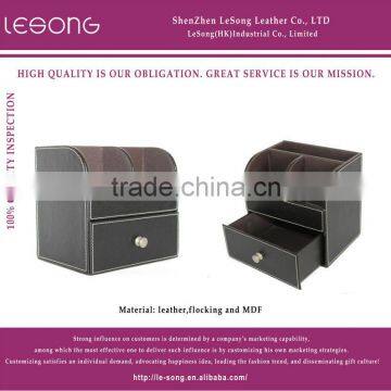 Desktop Faux Leather Pen Holder With Drawer/Multifunctional MDF Pen Box