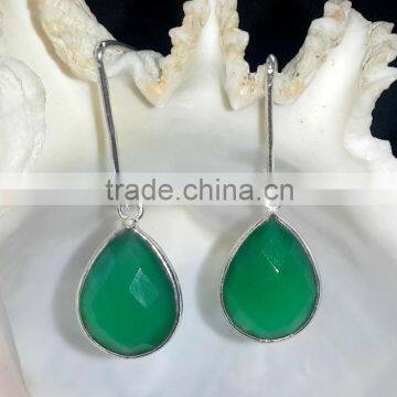 925 Sterling Silver Green Onyx Earrings, Fashionable Bezel Earrings, Designer Finishing Green Onyx Earring