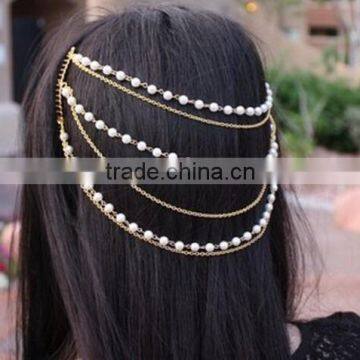 New Design Pearl Tassel Head Band Gold Plated Mutil Layers Head Chain Hair Jewelry