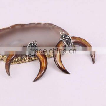 Charm Natural White / Brown Shell Druzy Pendant, Pave Crystal Double Horn Pendant photo-5