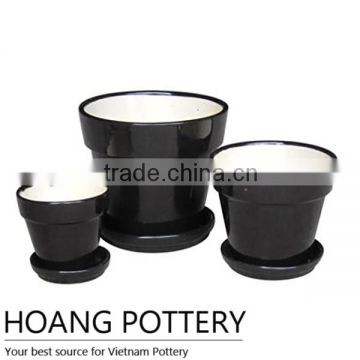 Black Glazed Ceramic Planter with Saucer