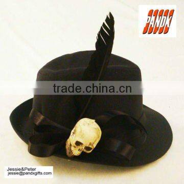 Deluxe black Permasilk top hat with skull and feather decor